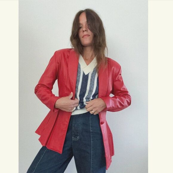 Jackets & Blazers - NWT Vintage XS Womens 80s Red Leather Peplum CHIA Fitted Sexy Cinch Jacket Coat